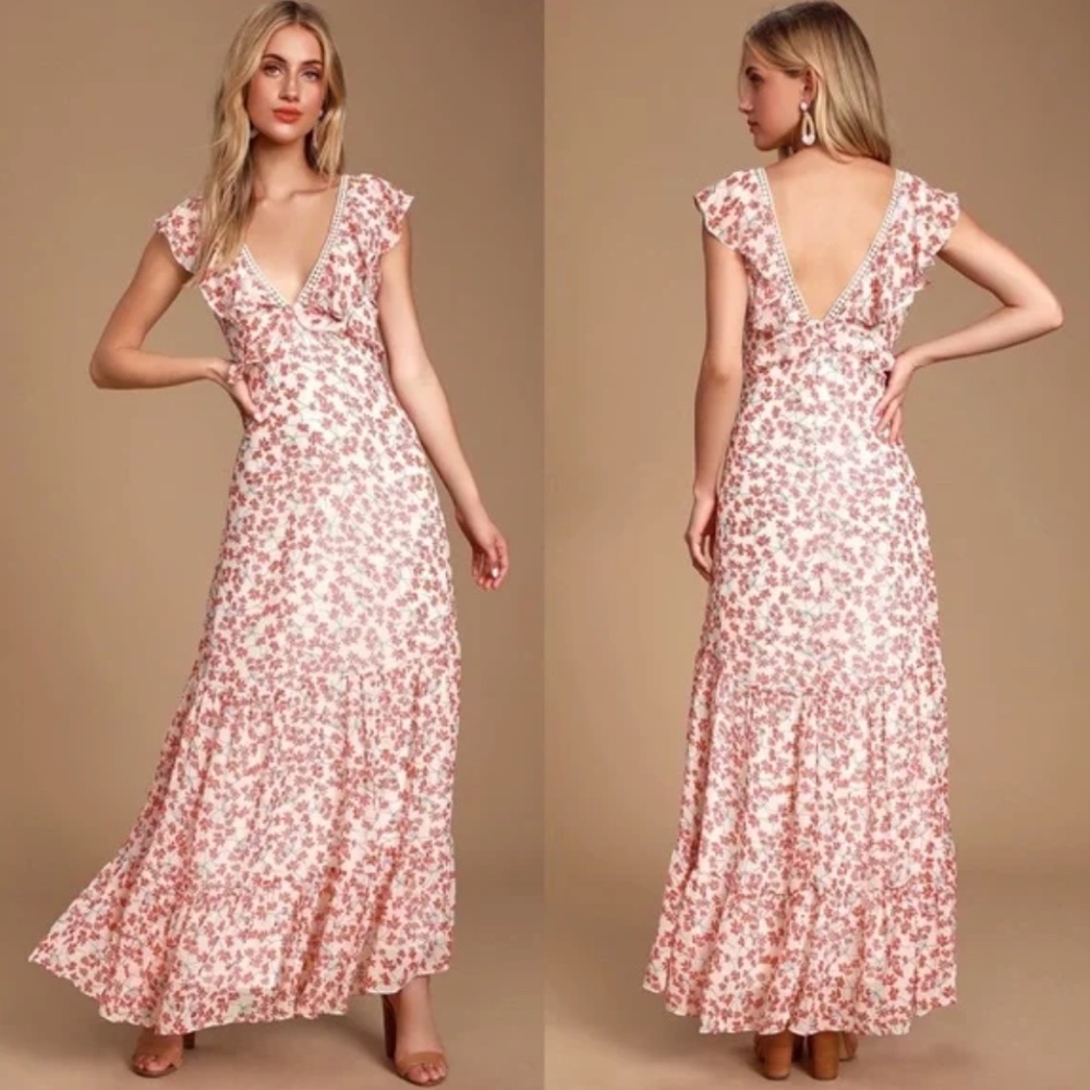 Lulu’s Darling Daydream Red and White Floral Print Ruffled Maxi Dress